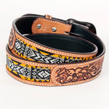 BEE102-Natural Floral Western Leather Belt