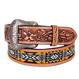 BEE102-Natural Floral Western Leather Belt