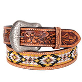 BEE107-Natural Floral Western Leather Belt