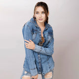 LC-ADSH012-XL Genuine leather Women Denim shirt jacket dress