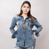 ADSH014 Genuine leather Women Denim shirt jacket dress