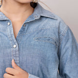 LC-ADSH017-S Genuine leather Women Denim shirt jacket dress