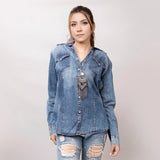 LC-ADSH022-S Genuine leather Women Denim shirt jacket dress