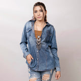 LC-ADSH022-XL Genuine leather Women Denim shirt jacket dress