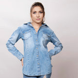 LC-ADSH023-M Genuine leather Women Denim shirt jacket dress