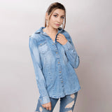 LC-ADSH023-S Genuine leather Women Denim shirt jacket dress