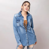 LC-ADSH026-S Genuine leather Women Denim shirt jacket dress