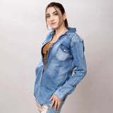 LC-ADSH026-XL Genuine leather Women Denim shirt jacket dress