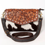 KBA108  CROSS BODY Hand Tooled Saddle Leather and Upcycled Canvas Ladies Bag 7.5x11.5 KBA10