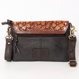 KBA108  CROSS BODY Hand Tooled Saddle Leather and Upcycled Canvas Ladies Bag 7.5x11.5 KBA10