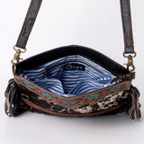 KBA120 CROSS BODY Hand Tooled Saddle Leather and Upcycled Canvas Ladies Bag 12.5x14.5   KBA