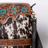 KBA120 CROSS BODY Hand Tooled Saddle Leather and Upcycled Canvas Ladies Bag 12.5x14.5   KBA