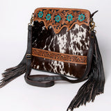 KBA120 CROSS BODY Hand Tooled Saddle Leather and Upcycled Canvas Ladies Bag 12.5x14.5   KBA