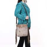 SKBA116 CROSS BODY Hand Tooled Saddle Leather and Upcycled Canvas Ladies Bag 13.5x12.5   KBA