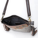 SKBA116 CROSS BODY Hand Tooled Saddle Leather and Upcycled Canvas Ladies Bag 13.5x12.5   KBA