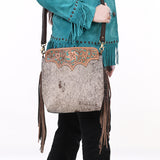 SKBA116 CROSS BODY Hand Tooled Saddle Leather and Upcycled Canvas Ladies Bag 13.5x12.5   KBA