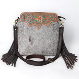 SKBA116 CROSS BODY Hand Tooled Saddle Leather and Upcycled Canvas Ladies Bag 13.5x12.5   KBA