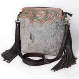 SKBA116 CROSS BODY Hand Tooled Saddle Leather and Upcycled Canvas Ladies Bag 13.5x12.5   KBA